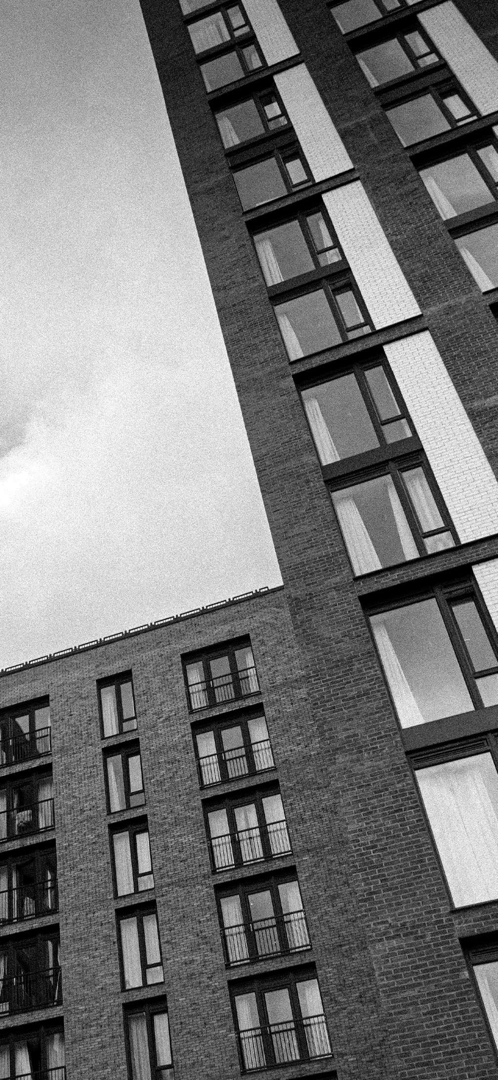 black and white buildings