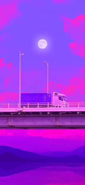 Solitary truck driving on a bridge under a vibrant neon moon